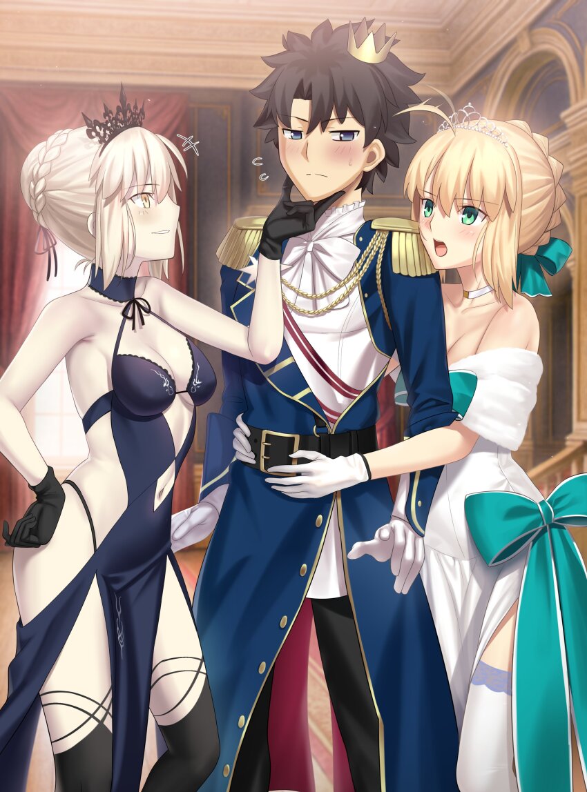 1boy 2girls absurdres ahoge aiguillette artoria_pendragon_(fate) bare_shoulders belt besmiled black_gloves black_hair black_pants black_thighhighs blonde_hair blue_dress blue_eyes blue_jacket blush braid breasts choker cleavage clothing_cutout crown dress epaulettes fate/grand_order fate_(series) fujimaru_ritsuka_(male) fujimaru_ritsuka_(male)_(halloween_royalty) gloves green_eyes grin hair_bun hair_ribbon highres jacket long_hair medium_breasts mini_crown multiple_girls navel navel_cutout off_shoulder pants ribbon saber_(fate) saber_(formal_dress)_(fate) saber_alter saber_alter_(swimsuit_rider) saber_alter_(swimsuit_rider)_(third_ascension) shirt sidelocks smile thighhighs thighs tiara white_dress white_shirt white_thighhighs yellow_eyes