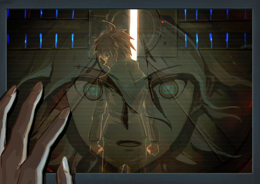 2boys @_@ ahoge clenched_hands danganronpa:_trigger_happy_havoc danganronpa_(series) danganronpa_2:_goodbye_despair hand_up highres hood hood_down jacket komaeda_nagito long_sleeves medium_hair messy_hair multiple_boys naegi_makoto open_door open_mouth pants reflection short_hair sora_(11451)