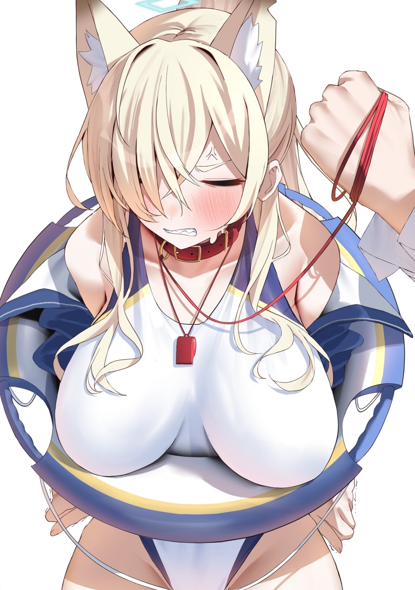 1girl 1other anger_vein animal_collar animal_ear_fluff animal_ears blonde_hair blue_archive blue_halo blush clenched_teeth closed_eyes collar competition_swimsuit dog_ears extra_ears groin hair_over_one_eye halo highres kanna_(blue_archive) kanna_(swimsuit)_(blue_archive) lifebuoy long_hair nidaime_(doronbo) official_alternate_costume one-piece_swimsuit ponytail simple_background solo_focus swim_ring swimsuit teeth whistle whistle_around_neck white_background white_one-piece_swimsuit