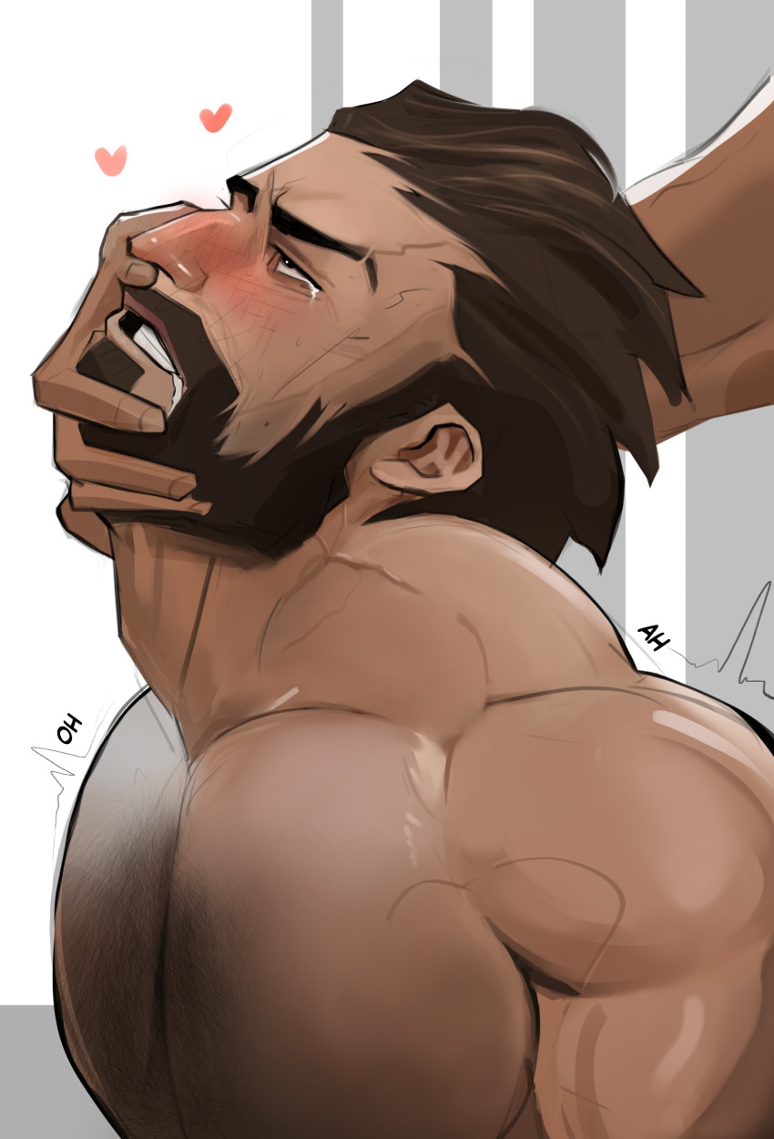 2boys alternate_facial_hair bara beard black_hair blush chest_hair drooling facial_hair from_side graves_(league_of_legends) hair_slicked_back heart highres implied_anal implied_sex large_pectorals league_of_legends male_focus mature_male multiple_boys muscular muscular_male mustache nose_blush nude pectorals short_hair sociopotato1 solo_focus tearing_up thick_eyebrows torogao upper_body veins veiny_arms veiny_neck yaoi