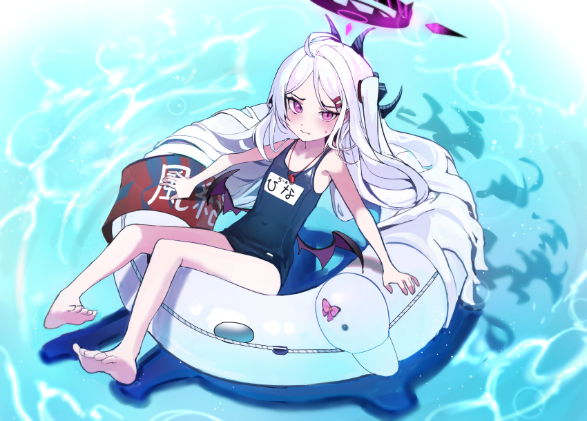 1girl absurdres barefoot blue_archive blue_one-piece_swimsuit blush closed_mouth commentary_request demon_girl demon_horns demon_wings duck_innertube feet full_body highres hina_(blue_archive) hina_(swimsuit)_(blue_archive) horns innertube long_hair looking_at_viewer low_wings mamo_(user_jjca7524) mini_wings multiple_horns name_tag official_alternate_costume old_school_swimsuit on_innertube one-piece_swimsuit purple_eyes school_swimsuit solo swim_ring swimsuit toes water whistle whistle_around_neck white_hair white_innertube wings