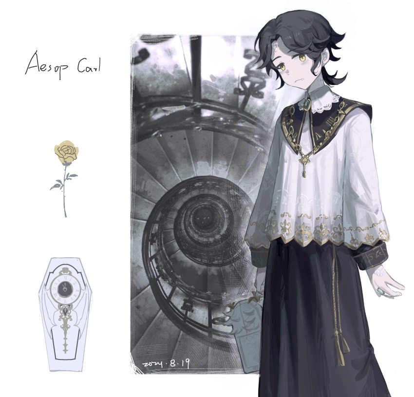 absurdres aesop_carl aesop_carl_(watchman) black_hair black_skirt character_name coffin dated dongfang_shuyechu flower highres identity_v pale_skin photo_background rose shirt short_hair skirt spiral_staircase stairs stitched_mouth stitches white_shirt yellow_flower yellow_rose