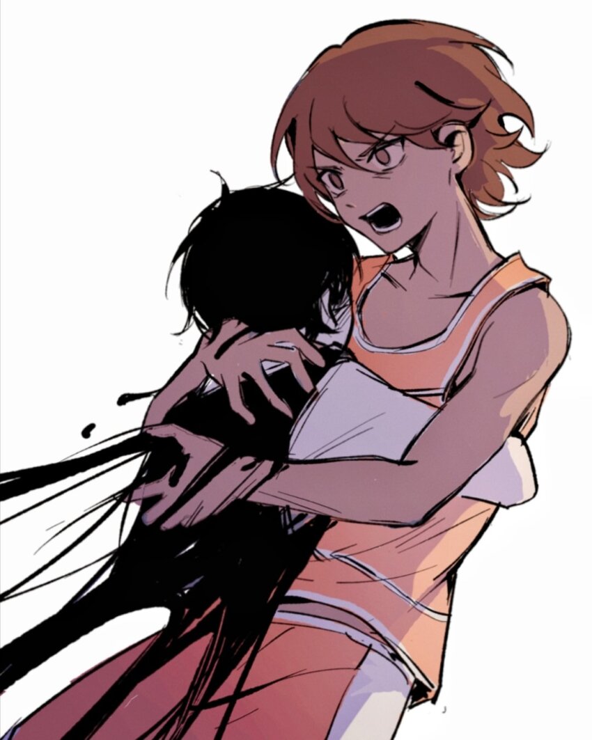 2boys black_sweater_vest brown_eyes brown_hair collarbone collared_shirt dark-skinned_male dark_skin highres hug kel_(faraway)_(omori) kel_(omori) male_focus multiple_boys niu_tata omori open_mouth shirt short_hair short_sleeves simple_background sunny_(omori) sweater_vest teeth white_background white_shirt