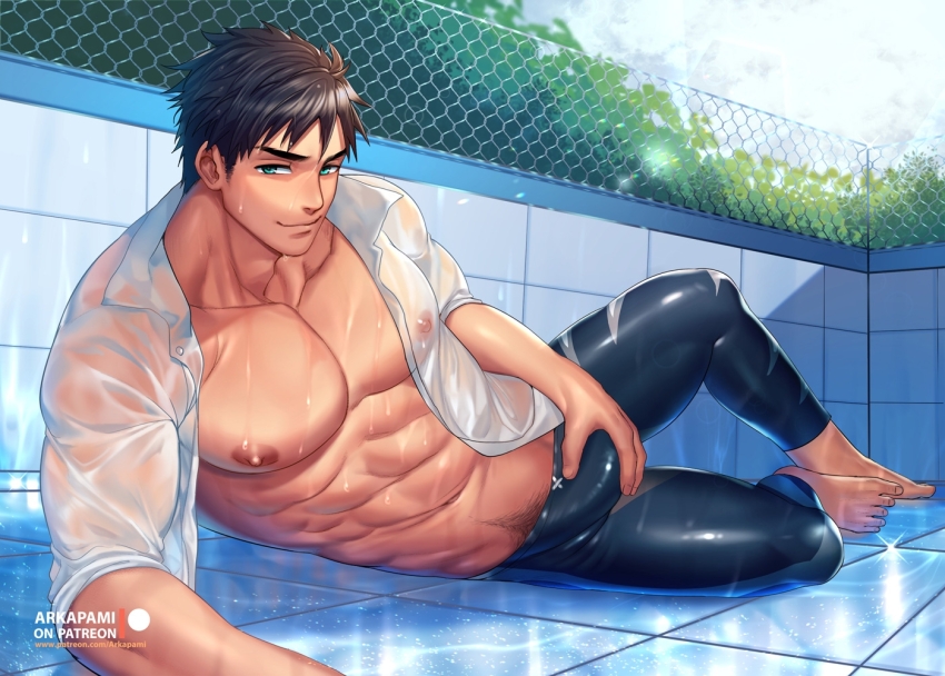 1boy abs arkapami bara bare_pectorals black_hair blue_eyes bulge cloud day free! large_pectorals legskin lying male_focus male_swimwear muscular muscular_male navel navel_hair nipples on_side open_clothes open_shirt outdoors paid_reward_available pectorals see-through_clothes shirt short_hair sky smile solo thick_thighs thighs wet white_shirt yamazaki_sousuke