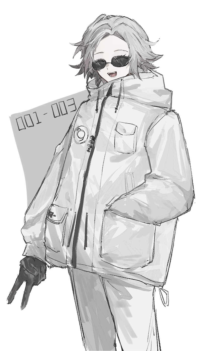 1boy ^_^ aotsuki_eito black_gloves breast_pocket closed_eyes cowboy_shot facing_viewer glasses gloves grey_hair hand_in_pocket highres jacket male_focus pants pocket short_hair simple_background smile solo sparrowhabird sunglasses the_hundred_line_-last_defense_academy- v white_background white_jacket white_pants