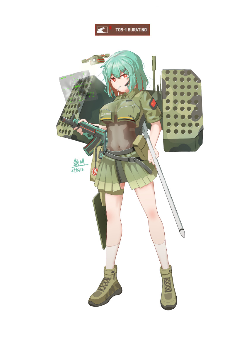 1girl absurdres aks-74u assault_rifle cropped_shirt drone full_body green_hair green_skirt gun highres holding holding_gun holding_weapon kalashnikov_rifle mecha_musume miliki military_vehicle missile_pod motor_vehicle personification red_eyes rifle self-propelled_artillery simple_background skirt socks solo standing tos-1 wargame:_red_dragon weapon white_background white_socks