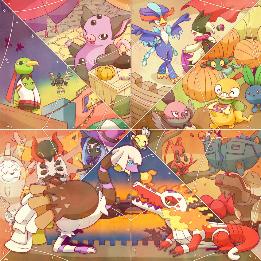 ;d ^_^ bird black_eyes bright_pupils closed_eyes commentary_request cursola dreepy espathra fire fletchling flittle gen_1_pokemon gen_2_pokemon gen_3_pokemon gen_4_pokemon gen_5_pokemon gen_6_pokemon gen_7_pokemon gen_8_pokemon grumpig halloween highres iron_moth kricketune legendary_pokemon looking_down meowscarada nintendo noibat oddish on_branch one_eye_closed open_mouth outdoors pikachu pokemon pokemon_(creature) pumpkin quaquaval red_eyes samsung_(yuzuikka) scraggy sigilyph skeledirge smile standing tapu_fini teeth ting-lu_(pokemon) vullaby white_pupils xatu