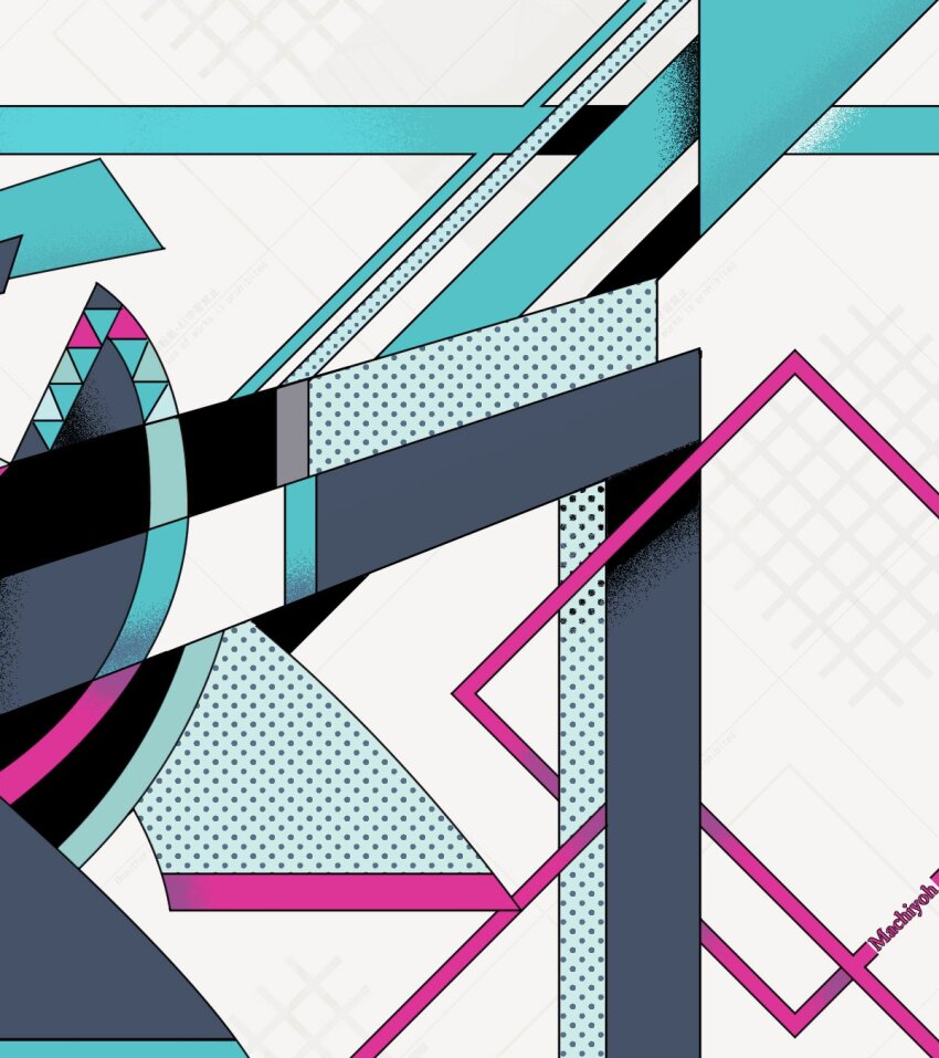 1girl abstract artist_name black_skirt feet_out_of_frame grey_thighhighs halftone hatsune_miku highres lower_body machigami_yoh miniskirt skirt solo thighhighs vocaloid watermark