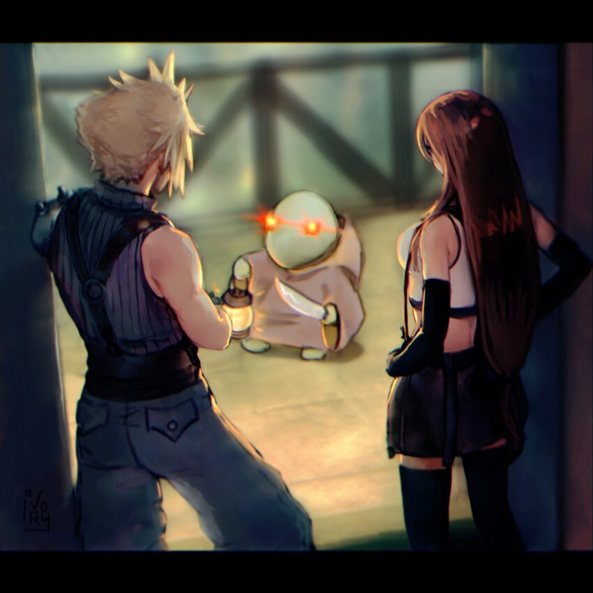 1boy 1girl armor baggy_pants bare_shoulders black_gloves black_hair black_skirt black_sports_bra black_thighhighs blonde_hair blue_pants blue_sweater blurry blurry_background breasts brown_cloak brown_hair cloak cloud_strife colored_skin commentary crop_top crossed_arms elbow_gloves english_commentary feet_out_of_frame final_fantasy final_fantasy_vii final_fantasy_vii_remake from_behind from_inside gloves glowing glowing_eyes green_skin hands_on_own_hips highres holding holding_knife holding_lantern hood hood_down knife lantern large_breasts long_hair looking_at_another miniskirt nairaivory pants railing red_eyes ribbed_sweater short_hair shoulder_armor single_bare_shoulder skirt sleeveless sleeveless_turtleneck spiked_hair sports_bra standing suspender_skirt suspenders sweater tank_top thighhighs tifa_lockhart tonberry turtleneck turtleneck_sweater white_tank_top zettai_ryouiki