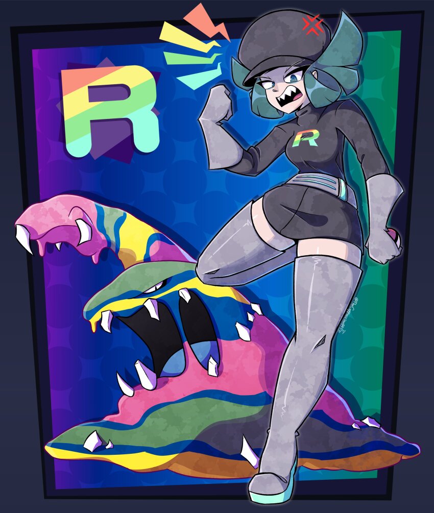 1girl absurdres alolan_form alolan_muk anger_vein angry belt black_dress black_headwear breasts dress fist_bump gen_7_pokemon gloves green_eyes green_hair grey_gloves grey_socks hat highres holding holding_poke_ball medium_breasts nintendo poke_ball pokemon pokemon_(creature) pokemon_usum rainbow_background sharp_teeth socks team_rainbow_rocket team_rainbow_rocket_grunt team_rainbow_rocket_uniform teeth thecappuccino04 thighhighs