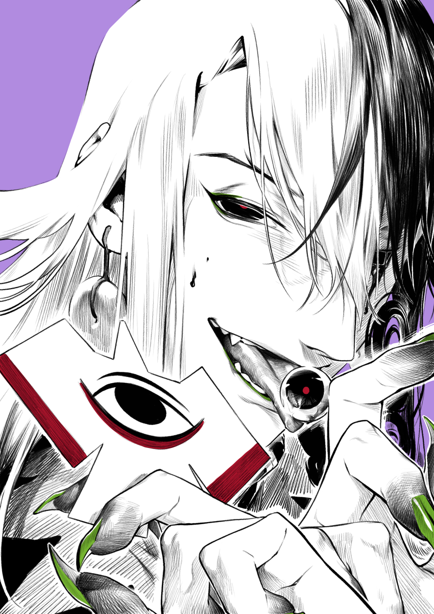 1boy absurdres ashiya_douman_(fate) asymmetrical_hair black_hair cliff_(42961931) curly_hair evil_smile fate/grand_order fate_(series) fingernails green_nails greyscale_with_colored_background hair_between_eyes highres holding_eye licking licking_eye long_hair male_focus multicolored_hair portrait red_pupils sharp_fingernails shikigami smile solo split-color_hair tongue tongue_out very_long_hair white_hair