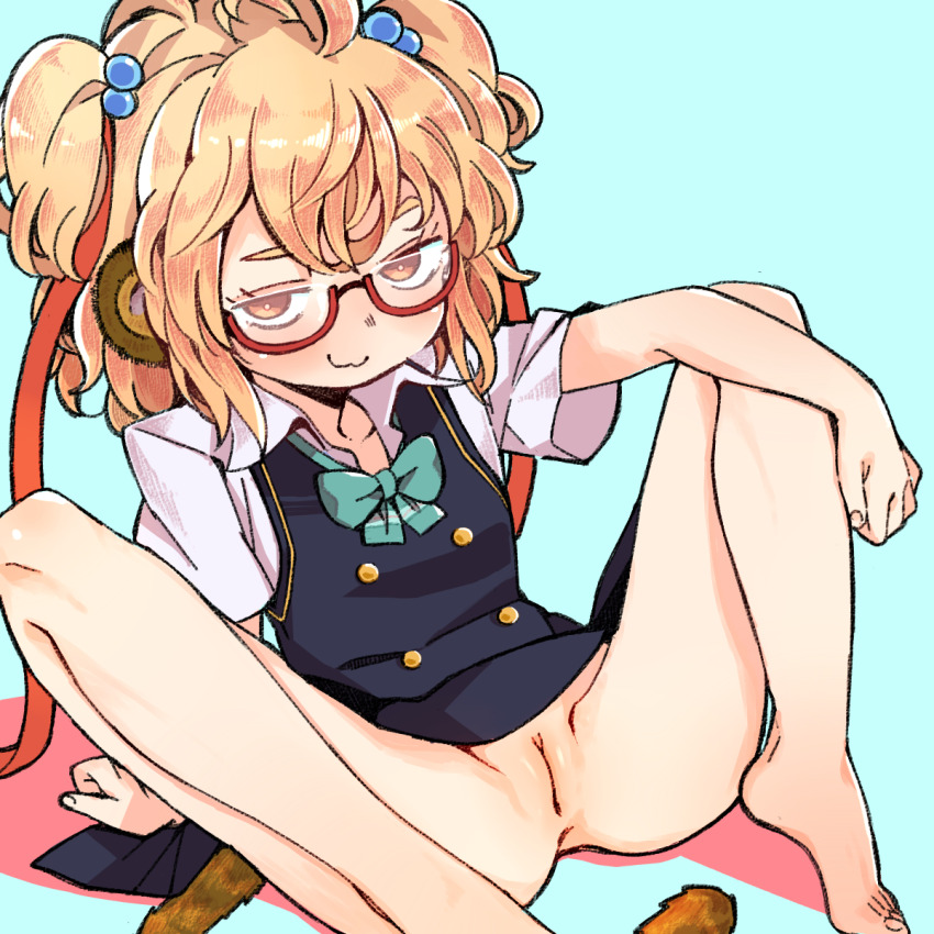1girl andira_(granblue_fantasy) animal_ears barefoot blonde_hair blush cleft_of_venus erune granblue_fantasy highres monkey_ears monkey_girl monkey_tail no_panties orange_eyes pussy short_hair sitting smile solo spread_legs tail toes yucopi