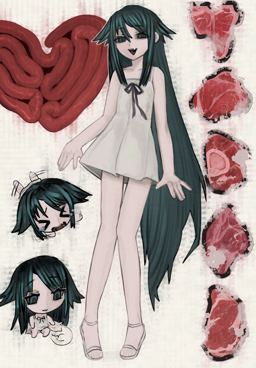 1girl absurdres chibi dress flat_chest food green_eyes green_hair highres intestines krmlkx long_hair looking_at_viewer meat pale_skin ribbon sandals saya_(saya_no_uta) saya_no_uta sleeveless sleeveless_dress smile standing very_long_hair white_dress white_sandals