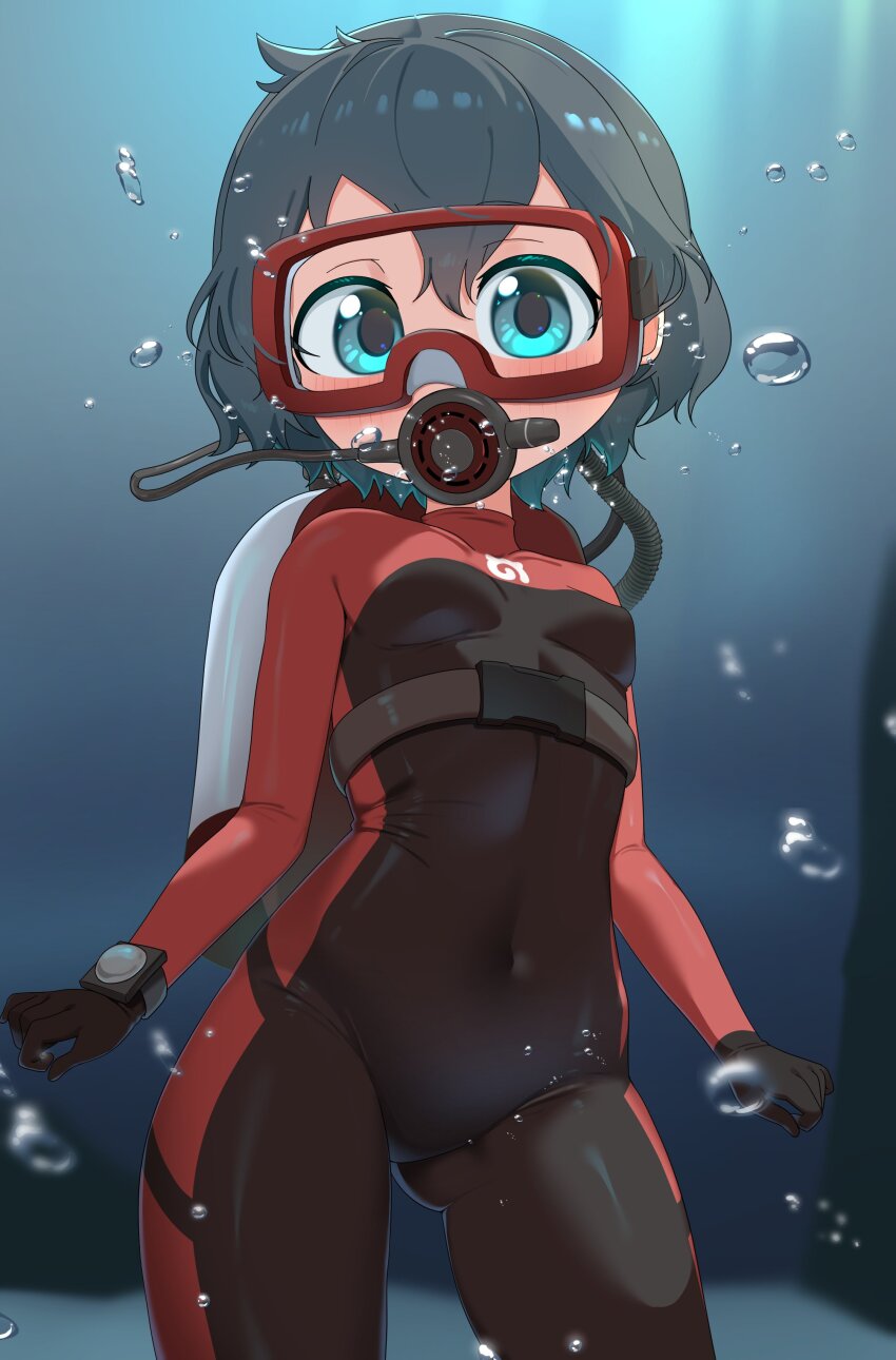 1girl absurdres alternate_costume black_gloves black_hair black_wetsuit blue_eyes blush bodysuit bubble chis_(js60216) cowboy_shot diving_suit gloves goggles hair_between_eyes highres impossible_clothes japari_symbol kaban_(kemono_friends) kemono_friends long_sleeves looking_at_viewer navel rebreather red_wetsuit scuba scuba_gear scuba_tank short_hair sidelocks solo underwater watch wetsuit