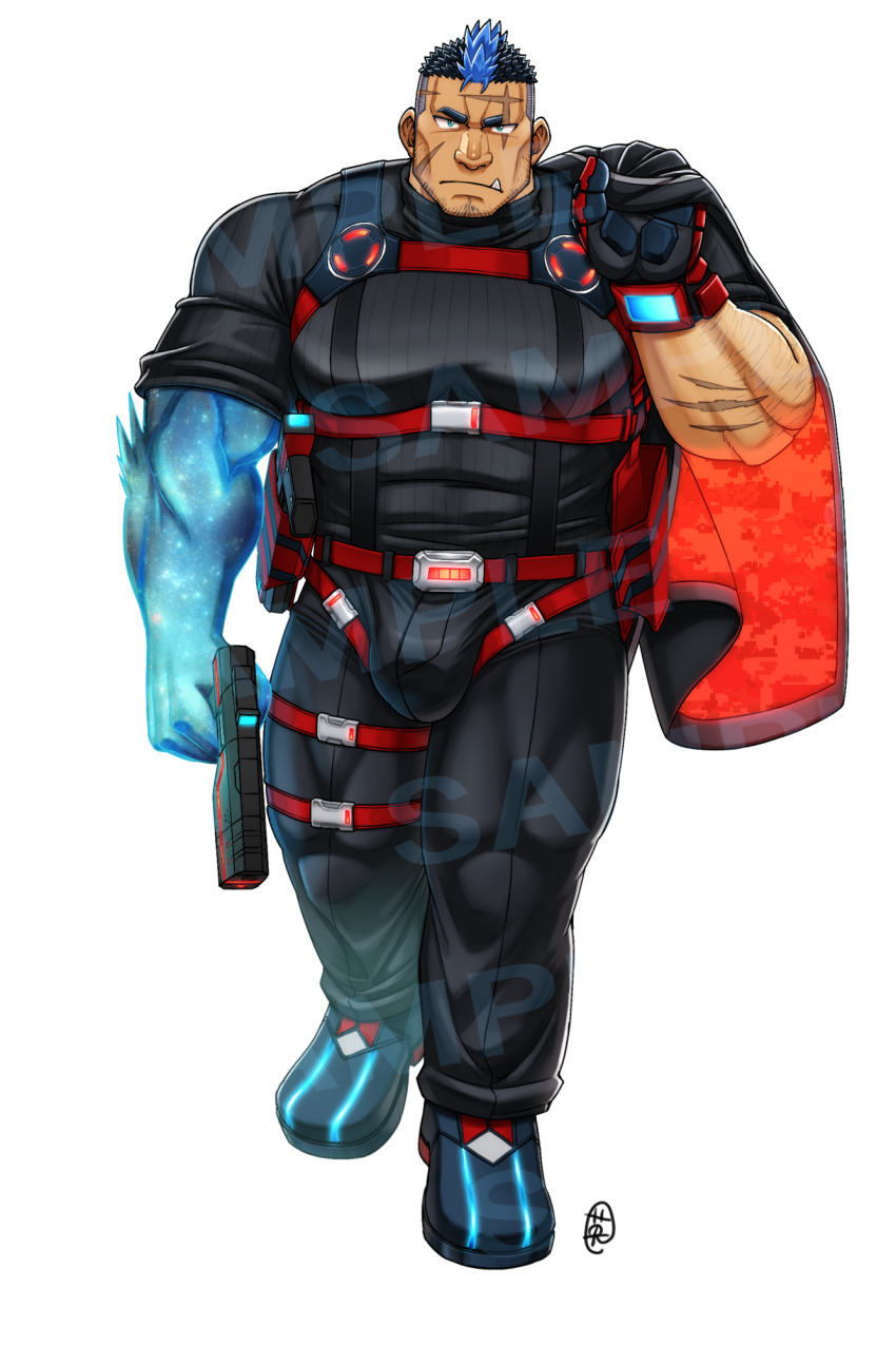 1boy bara beard_stubble belt blue_hair bulge bulge_lift chest_harness cross_scar ei_(marutendon) facial_hair facial_scar full_body glowing_skin gradient_skin gun harness highres holding holding_gun holding_weapon huge_pectorals live_a_hero looking_at_viewer male_focus mature_male merchandise_available multicolored_hair multiple_belts muscular muscular_male scar scar_on_cheek scar_on_face scar_on_forehead short_hair solo sparse_arm_hair stubble thick_eyebrows thick_thighs thighs tusks two-tone_hair undercut walking weapon white_background yoshiori_(live_a_hero)