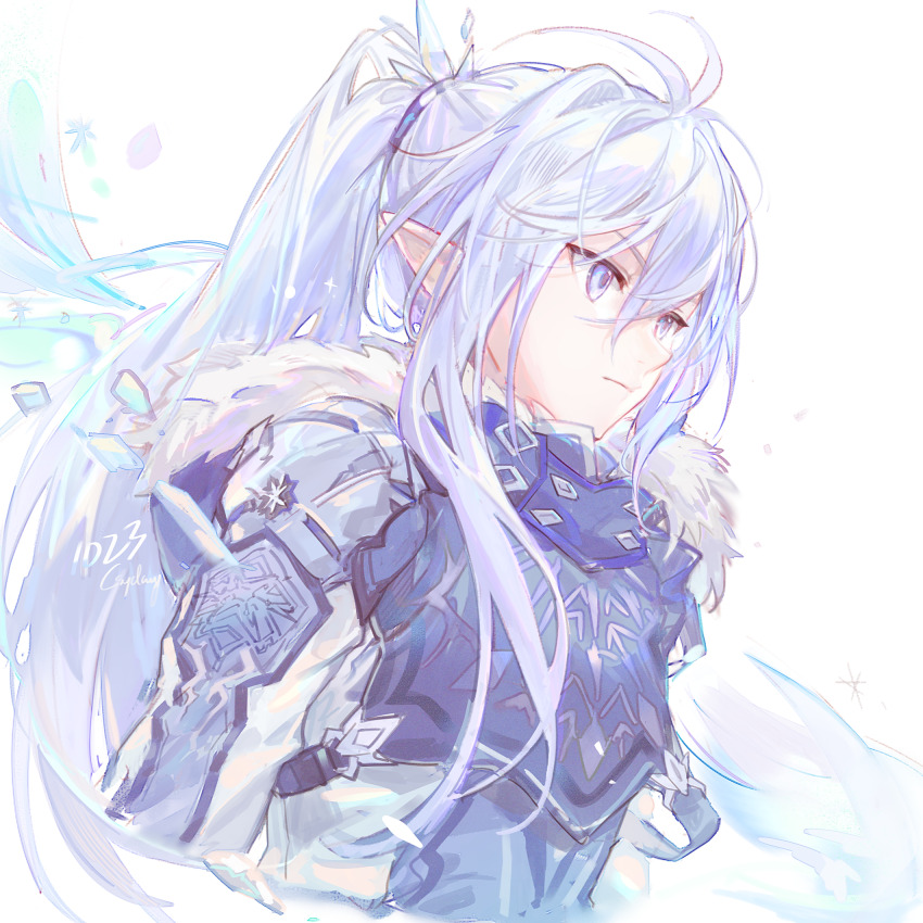 1boy artist_name blue_eyes blue_jacket csyday dungeon_and_fighter fur_trim glacial_master_(dungeon_and_fighter) high_ponytail highres jacket long_hair long_sleeves male_mage_(dungeon_and_fighter) multicolored_jacket pointy_ears ponytail sidelocks simple_background solo two-tone_jacket upper_body very_long_hair white_background white_hair white_jacket