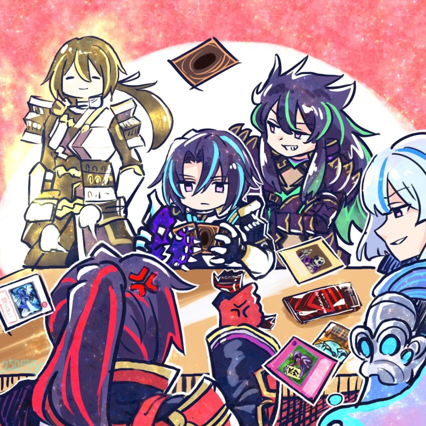 250en_remon 5boys anger_vein angry armor blonde_hair blue_hair card duel_monster expressionless from_behind glowing grin highres holding holding_card kashtira_riseheart long_hair low_ponytail male_focus mannadium_riumheart multicolored_hair multiple_boys ponytail red_hair scareclaw_reichheart short_hair smile table tearlaments_reinoheart two-tone_hair visas_starfrost white_hair yu-gi-oh! yu-gi-oh!_master_duel
