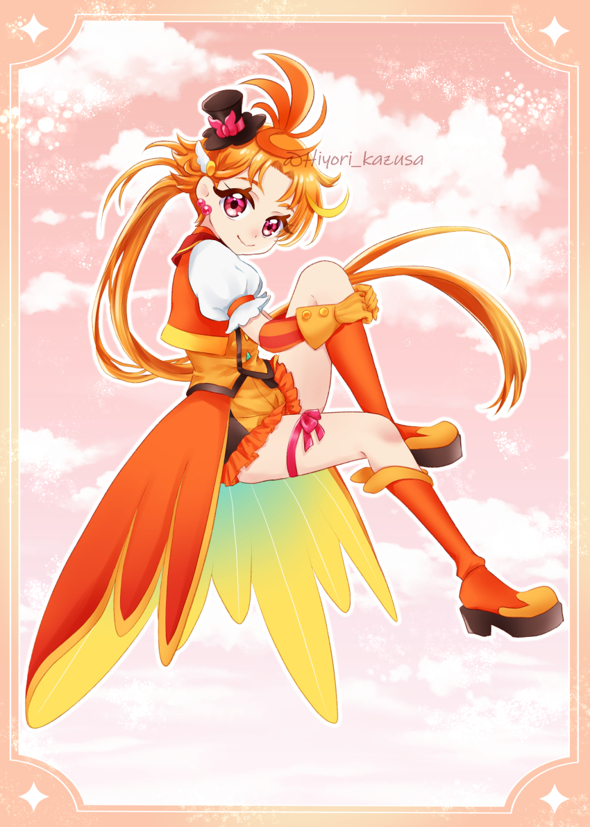 1boy absurdres ahoge black_hat boots closed_mouth coattails cropped_jacket cure_wing earrings elbow_gloves floating frilled_shorts frills from_side gloves hat highres hirogaru_sky!_precure hugging_own_legs jacket jewelry kazusa_hiyori knee_boots knee_up layered_gloves leg_ribbon long_hair low_ponytail magical_boy male_focus mini_hat mini_top_hat orange_boots orange_gloves orange_hair orange_jacket orange_shorts orange_theme orange_vest ponytail precure puffy_short_sleeves puffy_sleeves red_eyes ribbon short_shorts short_sleeves shorts smile tilted_headwear top_hat twitter_username vest yuunagi_tsubasa