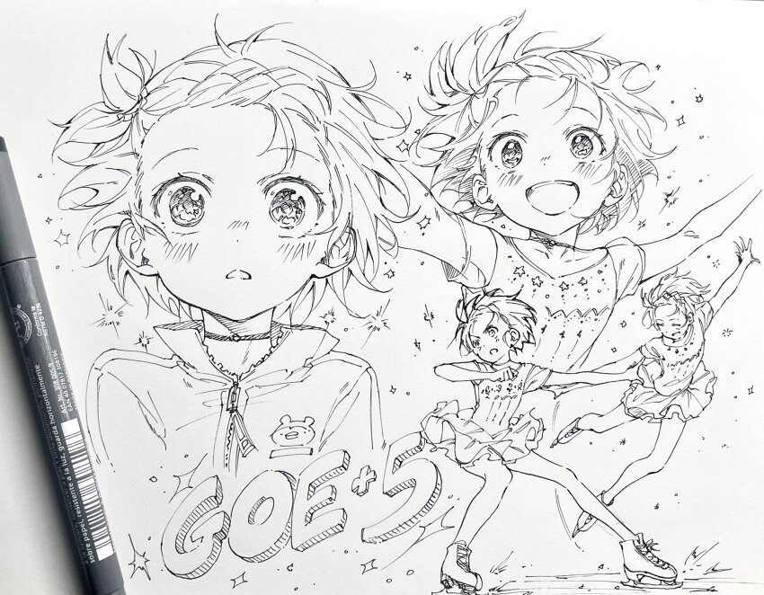 1girl artist_request child dynamic_pose facing_viewer figure_skating figure_skating_dress highres jacket kesunr0s2 medalist_(manga) multiple_views outstretched_arms photo_(medium) traditional_media yuitsuka_inori