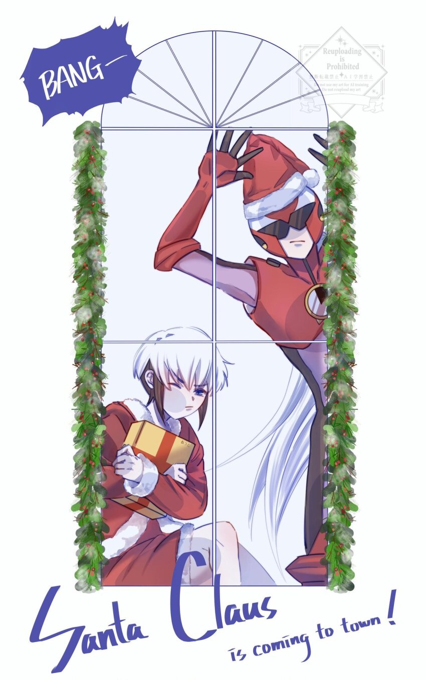 2boys armor assault_visor black_bodysuit black_hair blue_eyes bodysuit christmas english_text eugene_chaud_(mega_man) hat helmet highres long_hair male_focus mega_man_(series) mega_man_battle_network_(series) multicolored_hair multiple_boys netnavi one_eye_closed protoman.exe red_armor red_hat red_helmet santa_costume santa_hat short_hair torihata1 two-tone_hair white_hair