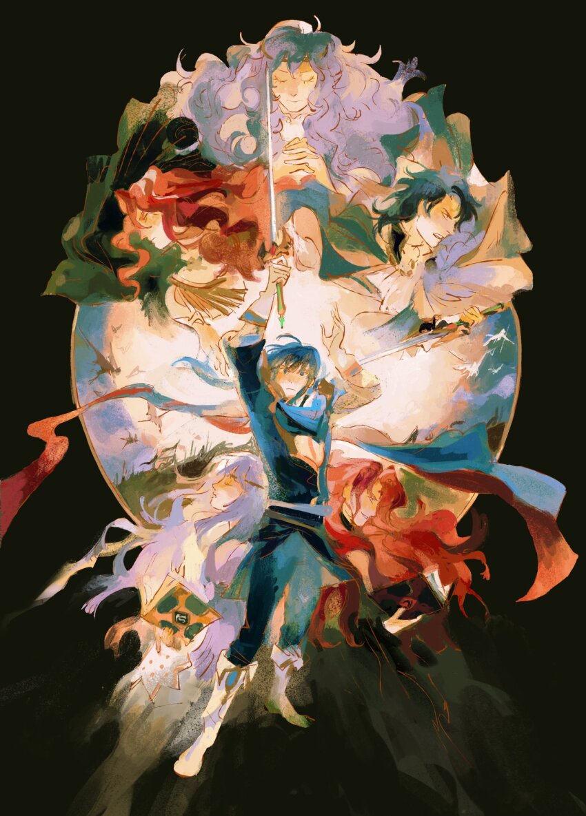 2girls 4boys arvis_(fire_emblem) black_background blue_hair book boots border brother_and_sister cape circlet closed_eyes commission commissioner_upload deirdre_(fire_emblem) dragon dress family father_and_daughter father_and_son fire_emblem fire_emblem:_genealogy_of_the_holy_war gloves half-siblings highres holding holding_sword holding_weapon husband_and_wife julia_(fire_emblem) julius_(fire_emblem) kinigoni long_hair looking_at_viewer mother_and_daughter mother_and_son multiple_boys multiple_girls nintendo outside_border own_hands_together pegasus ponytail purple_hair red_hair seliph_(fire_emblem) siblings sidelocks sigurd_(fire_emblem) standing step-parent_and_step-child sword tunic weapon wyvern