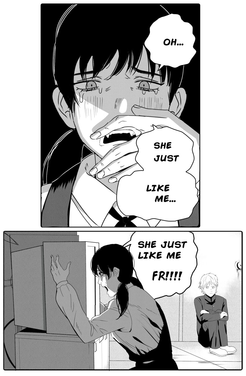 1boy 1girl absurdres black_hair chainsaw_man denji_(chainsaw_man) english_text francisco_mon gakuran greyscale he_just_like_me_fr!!!!_(meme) highres hugging_own_legs long_hair looking_at_another looking_at_object looking_at_viewer meme mitaka_asa monochrome open_mouth school_uniform short_hair speech_bubble tearing_up television twintails white_hair