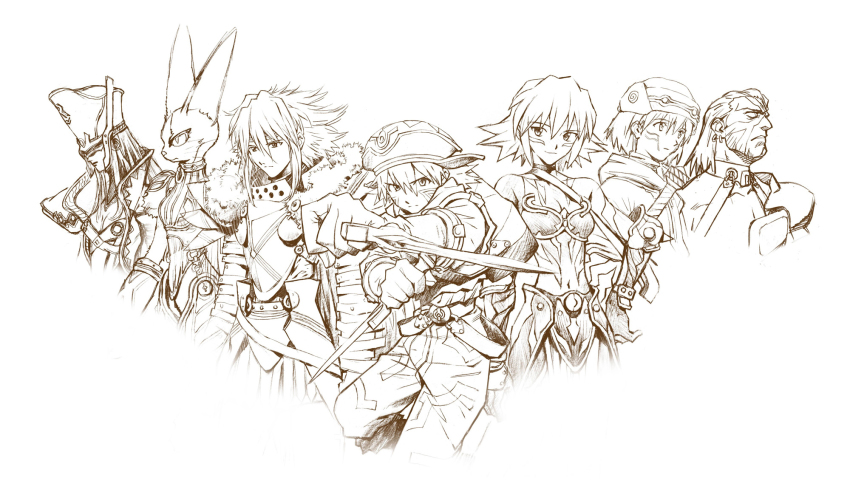 .hack// 3girls 4boys armor balmung_(.hack//) black_rose_(.hack//) elk_(.hack//) helba_(.hack//) highres kite_(.hack//) mia_(.hack//) multiple_boys multiple_girls official_art orca_(.hack//) sadamoto_yoshiyuki scan source_request sword weapon