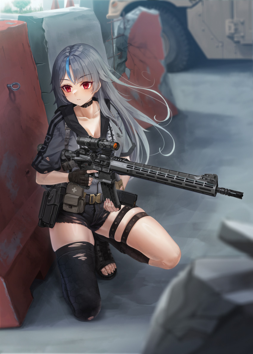 1girl absurdres ammunition_pouch ar-15 asymmetrical_legwear battle behind_cover belt black_choker black_footwear black_gloves black_shorts black_thighhighs blurry brown_eyes car choker clothes_writing commentary_request commission denim denim_shorts depth_of_field enpera_(jdud8375) fingerless_gloves fingernails first_aid_kit gloves grey_hair grey_jacket grey_shirt gun handgun highres holster humvee jacket load_bearing_equipment long_hair magazine_(weapon) motor_vehicle original pouch rebar red_eyes reloading rifle scope sharp_fingernails sharp_toenails shirt shorts skeb_commission solo squatting thigh_strap thighhighs thighs toeless_footwear toenails toes torn_clothes weapon