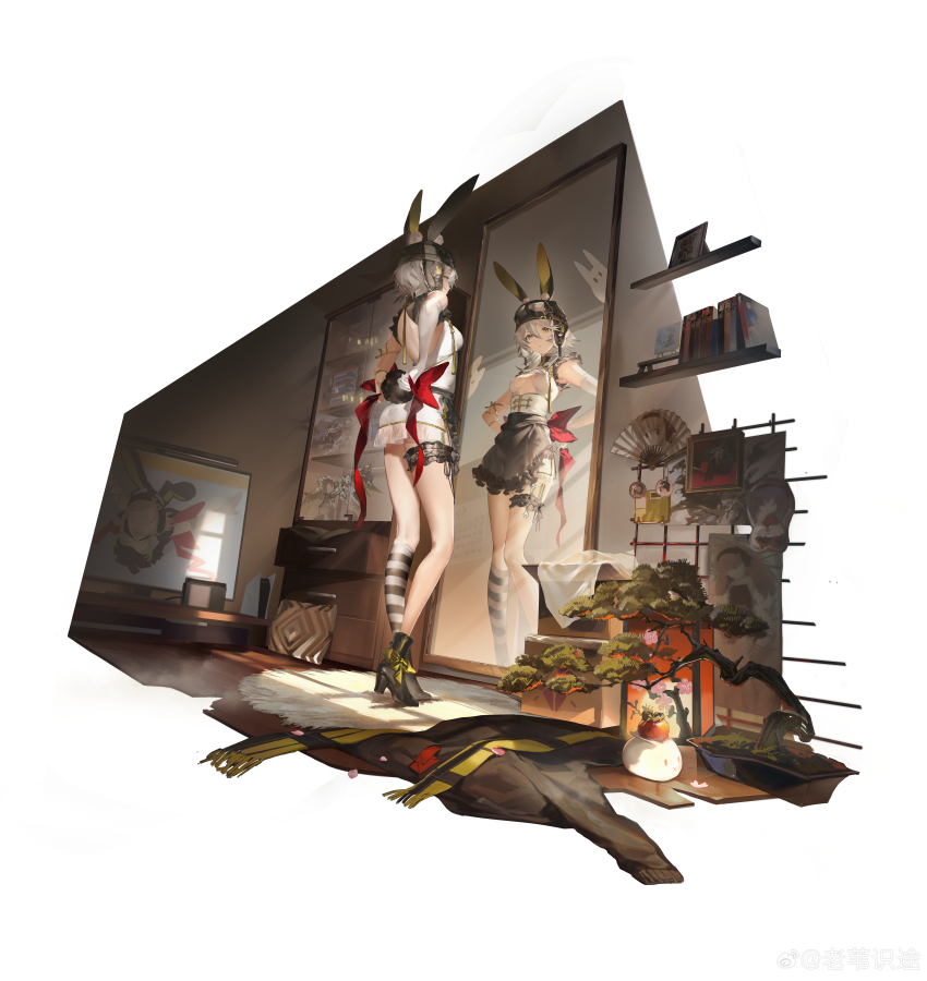 1girl absurdres animal_ears black_skirt bonsai book bookshelf cabinet carpet croque_(neural_cloud) folding_fan full_body girls&#039;_frontline girls&#039;_frontline_neural_cloud goggles goggles_on_headwear grey_hair hand_fan hands_on_own_hips high_heels highres laowei_shi_tu mirror official_alternate_costume rabbit_ears reflection shelf single_sock skirt skullcap socks solo standing