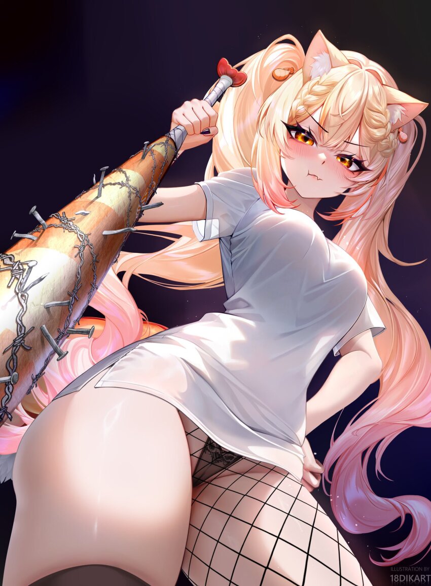 18dikart 1girl animal_ears baseball_bat black_panties blonde_hair breasts cat_ears ebiko_(vtuber) fang fishnet_pantyhose fishnets from_below hand_on_own_hip highres holding holding_baseball_bat indie_virtual_youtuber large_breasts light_blush long_hair looking_at_viewer nail nail_(hardware) nail_bat panties pantyhose second-party_source shirt shrimp_hair_ornament shrimp_tail single_fishnet_legwear single_leg_pantyhose skin_fang solo twintails underwear virtual_youtuber white_shirt yellow_eyes