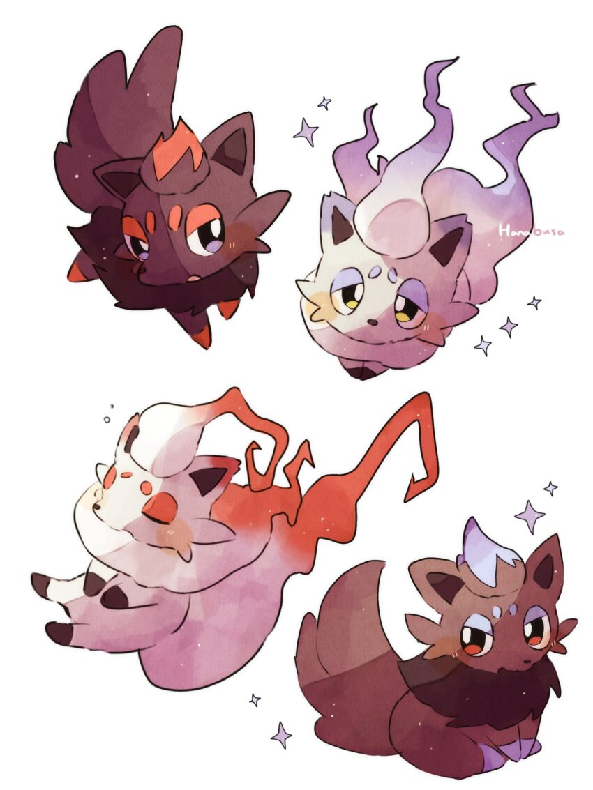 alternate_color animal_focus artist_name black_fur closed_eyes commentary_request fox gen_5_pokemon hanabusaoekaki highres hisuian_zorua nintendo no_humans pokemon pokemon_(creature) shiny_pokemon sitting sparkle tail v-shaped_eyebrows white_background white_fur zorua