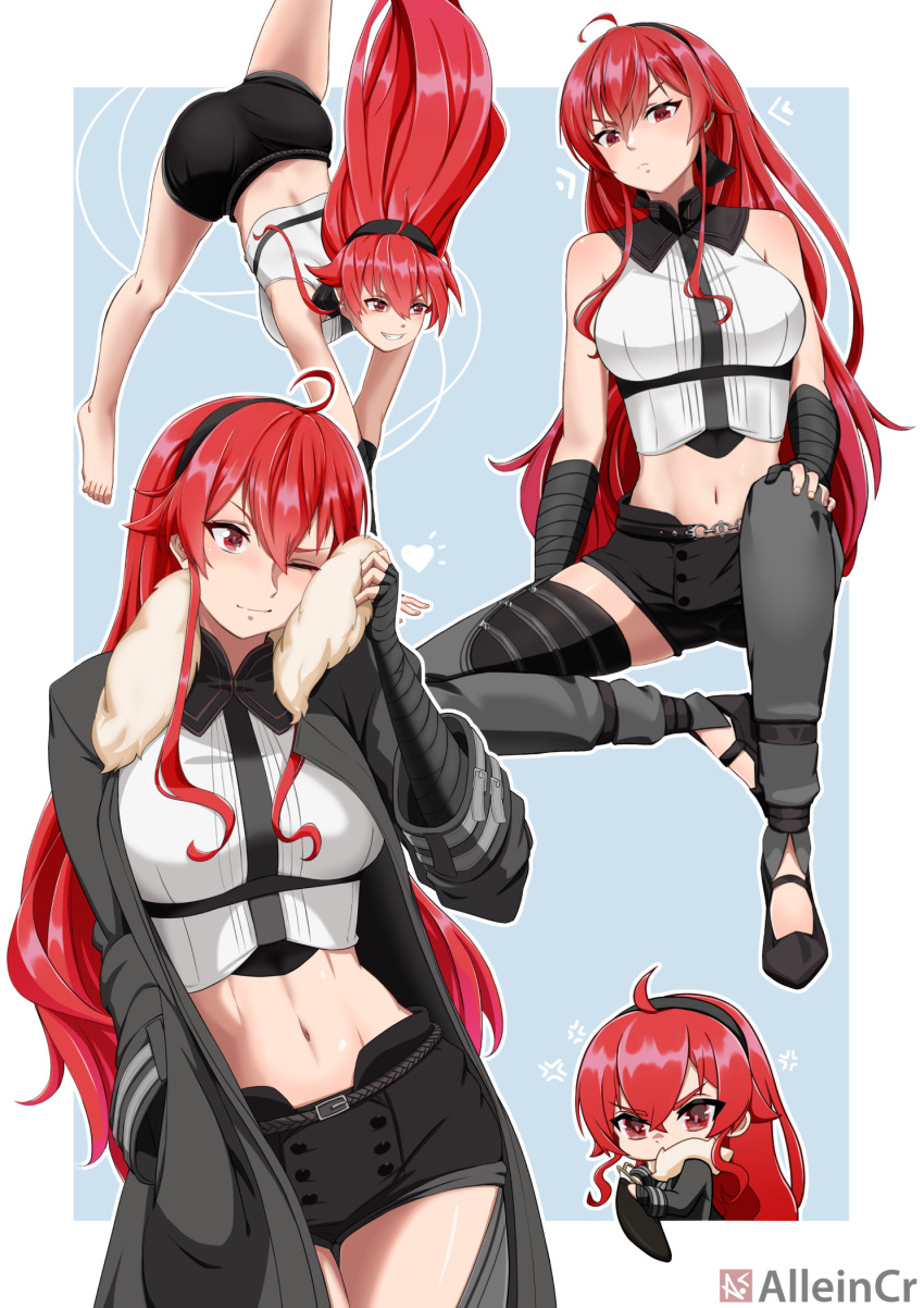 1girl aged_up ahoge alleincr arm_support artist_name ass bandaged_arm bandaged_hand bandages bare_shoulders black_hairband black_jacket black_shoes breasts brown_shorts chibi chibi_inset closed_mouth commentary cowboy_shot crop_top crossed_bangs english_commentary eris_greyrat flats full_body fur-trimmed_jacket fur_trim grin groin hair_between_eyes hairband hand_in_pocket hand_wraps highres holding holding_sword holding_weapon jacket large_breasts leg_warmers long_hair long_sleeves looking_at_viewer midriff mushoku_tensei navel one_eye_closed open_clothes open_jacket red_eyes red_hair shirt shoes short_shorts shorts sidelocks sitting skindentation sleeveless sleeveless_shirt smile standing sword teeth thick_eyebrows underbust very_long_hair weapon white_shirt wrist_wrap