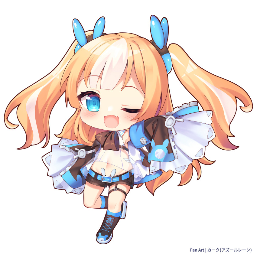 1girl absurdres akimiya_yamiku azur_lane belt belt_buckle black_bow black_bowtie black_shoes black_shorts black_sleeves blonde_hair blue_belt blue_eyes blue_ribbon bow bowtie buckle chibi chibi_only commentary_request crop_top detached_sleeves fang full_body hair_ribbon highres kalk_(azur_lane) long_hair long_sleeves looking_at_viewer midriff multicolored_hair navel one_eye_closed open_mouth ribbon shirt shoes shorts skin_fang sleeves_past_fingers sleeves_past_wrists smile solo standing standing_on_one_leg two-tone_hair two_side_up white_background white_hair white_shirt wide_sleeves