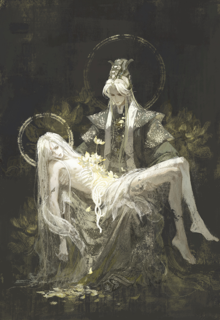 2boys absurdres black_background black_hanfu carrying carrying_person chinese_clothes closed_eyes closed_mouth corpse curtained_hair death entrails facial_mark facing_down floral_print flower full_body hair_over_shoulder halo halo_behind_head hanfu highres jinguang_budaixi looking_to_the_side male_focus mo_cangli multiple_boys organs parted_bangs princess_carry qiao_rulai rags ribs swept_bangs tears water white_flower white_hair xiao_guan_(headdress) yellow_eyes yellow_flower yellow_petals yu_yu_huadiao