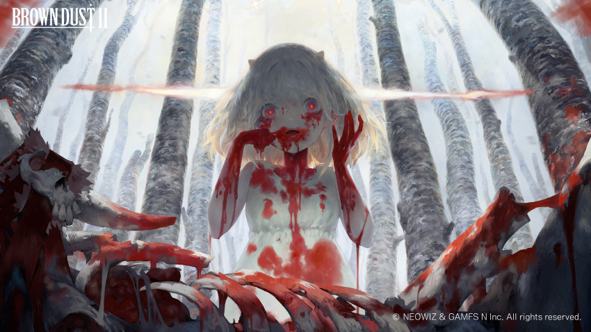1girl absurdres aged_down blonde_hair blood blood_drip blood_on_clothes blood_on_hands blood_on_mouth bloom breasts brown_dust_(series) brown_dust_2 copyright_name dead_animal demon_horns dress eyebrows_hidden_by_hair forest highres horns justia_(brown_dust) looking_at_viewer nature official_art open_mouth pale_skin red_eyes seok98 short_hair small_breasts small_horns solo spoilers white_dress
