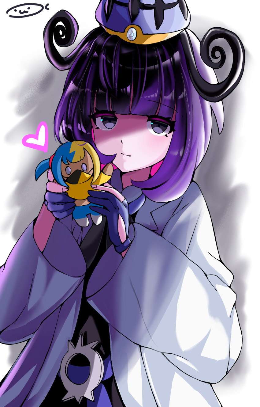 1girl absurdres belt belt_buckle black_dress black_hair blunt_bangs bob_cut buckle canari_plush_(pokemon) character_doll closed_mouth coat doll dress gloves gradient_hair gwynn_(pokemon) hat highres holding holding_doll long_sleeves looking_at_viewer minchia_(wncm5544) multicolored_hair nintendo o-ring o-ring_belt open_clothes open_coat partially_fingerless_gloves pokemon pokemon_legends:_z-a purple_eyes purple_hair short_hair solo white_coat