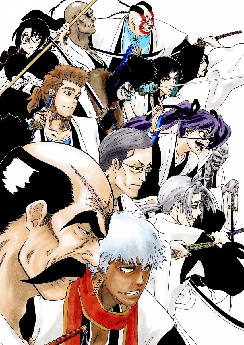 3girls 6+boys :d absurdres alpen_no_koyari bald beard black_hair black_kimono bleach bleach:_sennen_kessen-hen breasts brown_eyes brown_hair closed_mouth colored_skin colored_teeth commentary_request cross_scar dark-skinned_male dark_skin everyone eyebrows_hidden_by_hair eyelashes facial_hair facial_mark fang fighting_stance floating_hair freckles from_side frown fur_scarf glasses grey_eyes grey_hair grey_skin grin haori highres holding holding_sword holding_weapon huge_breasts izuhara_kinroku japanese_clothes katana katori_batsuunsai kimono kubo_tite_(style) kumoi_entetsu long_eyebrows long_hair long_sleeves looking_ahead looking_at_viewer low_ponytail medium_hair multiple_boys multiple_girls mustache nose obana_danjirou official_style old old_man one_eye_covered open_mouth outogawa_furuoki parted_lips ponytail profile purple_eyes purple_hair red_scarf round_eyewear saitou_furoufushi sakahone_saizou scar scar_on_face scar_on_forehead scarf shigyou_nobutsuna shihouin_chika shijima_chigiri short_hair simple_background smile spiked_hair sunken_cheeks sword taichou_haori tareme teeth thick_eyebrows tinted_eyewear tsurime twintails unohana_retsu v-shaped_eyebrows very_long_hair weapon white_background white_hair white_haori wide_sleeves yamamoto-genryuusai_shigekuni yellow-tinted_eyewear yellow_eyes yellow_teeth zenjouji_uhin