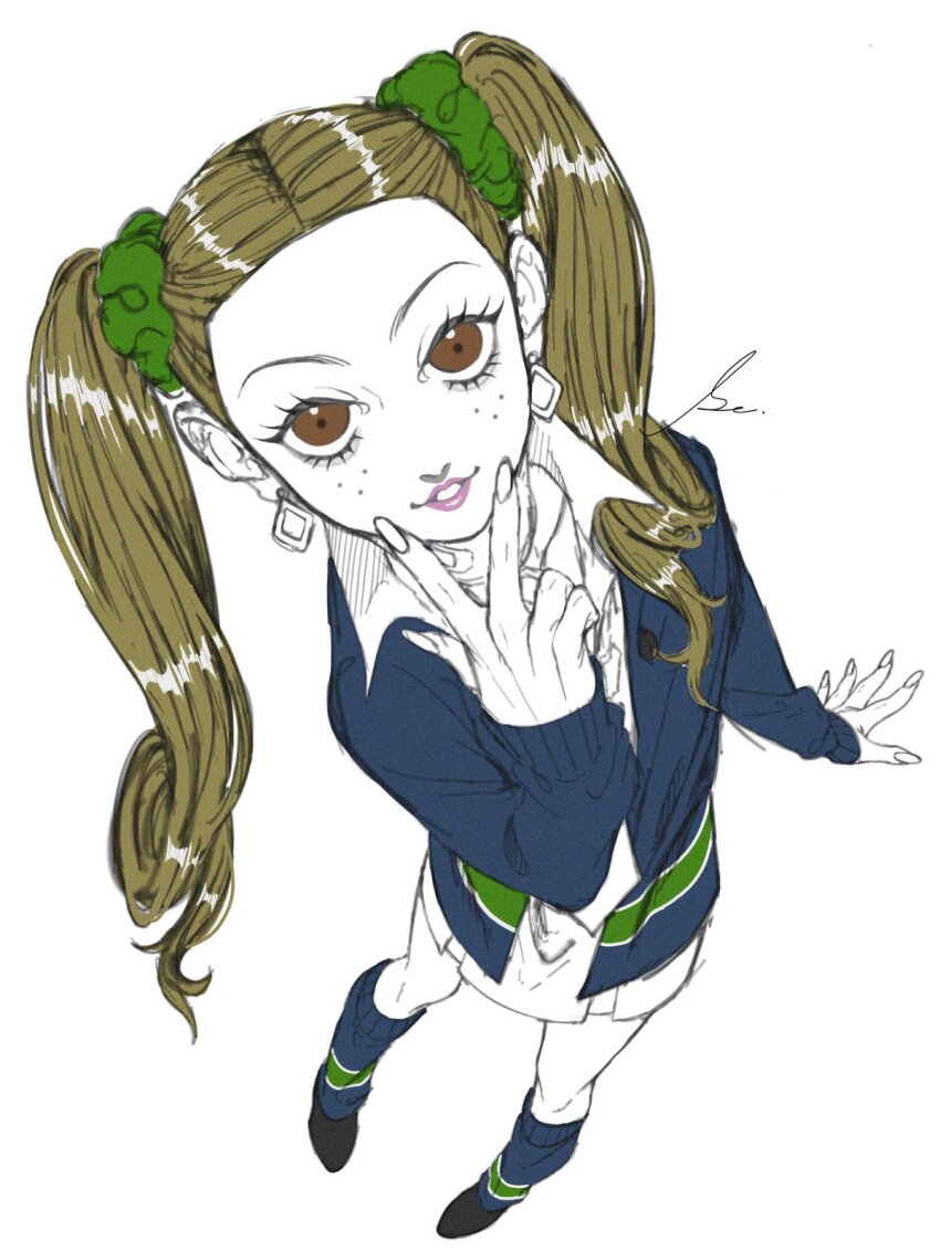 1girl ayase_yuka blue_cardigan blue_socks brown_eyes cardigan collared_dress dress eyelashes fingernails freckles from_above full_body green_scrunchie hair_ornament hair_scrunchie hand_up highres lipstick long_fingernails long_hair looking_at_viewer loose_socks makeup necktie parted_lips persona persona_1 pink_lips rectangular_earrings s_ir_s school_uniform scrunchie short_dress simple_background smile socks solo spot_color st._hermelin_school_uniform standing twintails v v_over_mouth white_background