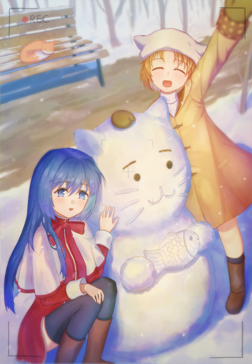 2girls :d ^_^ absurdres arm_up black_thighhighs blue_eyes blue_hair blunt_ends blush boots bow brown_coat brown_footwear brown_hair brown_mittens capelet closed_eyes coat commentary day dress facing_viewer feet_out_of_frame flowingcrescent full_body hair_between_eyes hair_intakes happy highres hood hood_down kanon long_hair long_sleeves looking_at_viewer minase_nayuki mittens multiple_girls open_mouth outdoors recording red_bow red_dress school_uniform short_dress short_hair sidelocks smile snow snowing snowman squatting standing thighhighs tsukimiya_ayu viewfinder waving white_capelet winter zettai_ryouiki