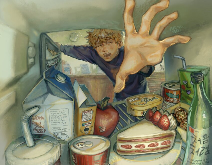 1boy apple blonde_hair blush bottle cake can canned_food canned_tuna closed_eyes egg ekubo_(mob_psycho_100) food fruit hand_focus highres jam jar juice_box k4_ntl kitchen milk_carton mob_psycho_100 open_mouth purple_shirt refrigerator refrigerator_interior reigen_arataka sake_bottle shirt sleepy solo strawberry_shortcake takoyaki