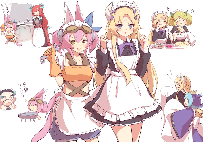 6+girls :3 absurdres alternate_costume animal_ears apron bed_sheet blonde_hair blue_kimono blush bow bowtie cat_ears cat_girl cat_tail chamber_dragonmaid chef chewing collarbone dessert dragon_girl dragon_horns dragon_tail dragon_wings duel_monster eastern_dragon_horns eating ecclesia_(yu-gi-oh!) facial_mark food forehead_mark frilled_apron frilled_hairband frills gloves goggles goggles_on_head green_hair hairband heart highres holding holding_sheet holding_wrench horns incredible_ecclesia_the_virtuous japanese_clothes kanzakietc kimono kitchen_dragonmaid kitt_(yu-gi-oh!) laundry_dragonmaid long_hair long_sleeves looking_at_viewer maid maid_apron multiple_girls open_mouth orange_gloves parlor_dragonmaid pink_hair purple_bow purple_bowtie red_hair short_sleeves simple_background sink smile tail tri-brigade_kitt twintails wa_maid waist_apron white_apron white_background white_hair wings wrench yellow_eyes yu-gi-oh!