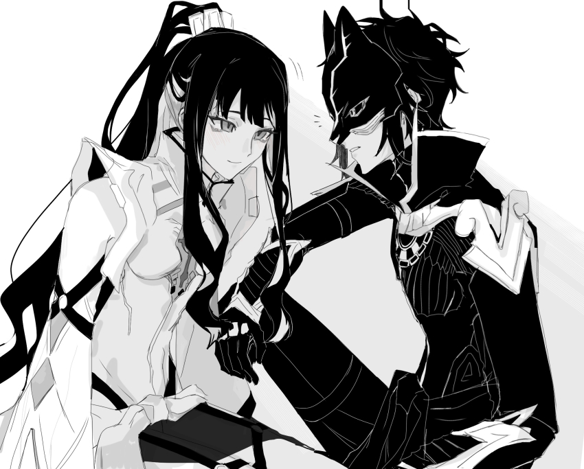 1boy 1girl aztec bare_shoulders colored_inner_hair fate/grand_order fate_(series) fuyotan grey_eyes high_ponytail highres izcalli_(fate) looking_at_another masked multicolored_hair ponytail smile tenochtitlan_(fate) tenochtitlan_(third_ascension)_(fate) white_background