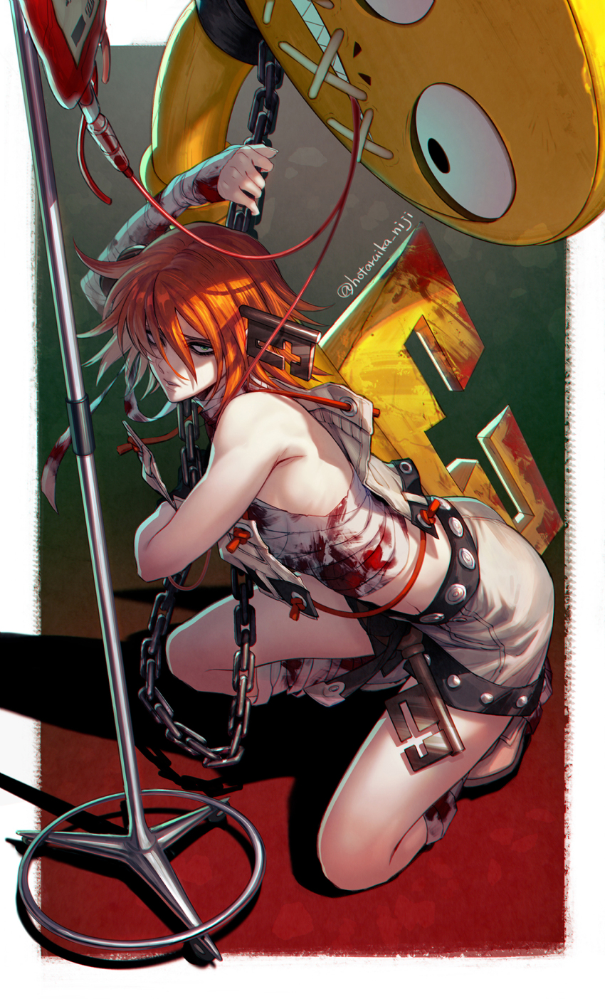 1girl a.b.a artist_name bandaged_arm bandaged_chest bandaged_hand bandaged_leg bandaged_neck bandages bare_shoulders belt black_belt black_gloves blood blood_bag bloody_bandages border chain commentary_request full_body gloves green_eyes grey_shirt grey_shoes grey_skirt guilty_gear hair_over_eyes highres holding holding_chain hotaruika_niji intravenous_drip iv_stand key key_in_head kneeling long_bangs looking_at_another looking_at_viewer medium_hair miniskirt object_through_head paracelsus_(guilty_gear) parted_lips red_hair sharp_teeth shirt shoes single_glove skirt solo stitched_mouth stitches teeth twitter_username wheel white_border wrist_wrap