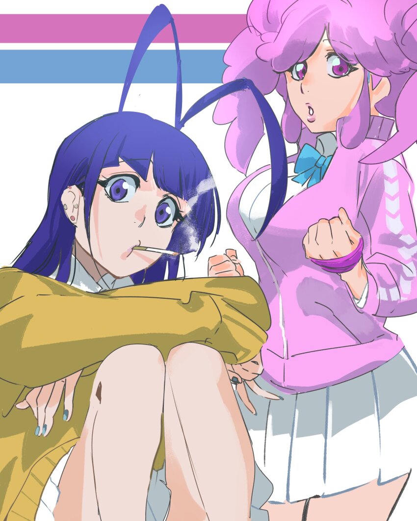 1boy 1girl antenna_hair bleach bleach:_sennen_kessen-hen blue_bow blue_bowtie blue_eyes blue_hair blue_nails bow bowtie breasts cardigan cigarette clenched_hands collared_jacket collared_shirt commentary cowboy_shot earrings english_commentary feet_out_of_frame giselle_gewelle highres jacket jewelry kubo_tite_(style) large_breasts long_hair looking_at_viewer meninas_mcallon miniskirt partially_open_jacket pleated_skirt purple_eyes purple_hair school_uniform sekihan_(6kihan) shirt sitting skirt smoke smoke_trail smoking stud_earrings trap v white_skirt