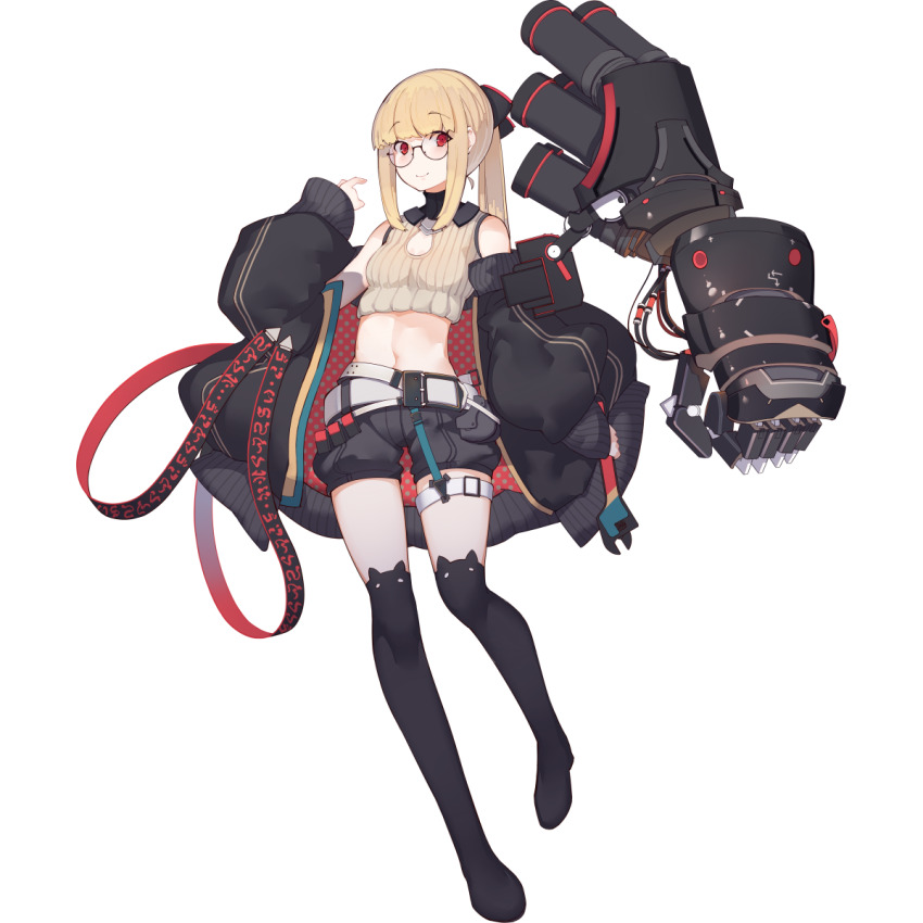 1girl aqua_belt artist_request bare_shoulders belt black-framed_eyewear black_boots black_coat black_collar black_ribbon black_shorts black_sleeve_cuffs black_sleeves blonde_hair blunt_bangs blush boots cat_ear_footwear chilino_(final_gear) clenched_hand closed_mouth coat collar cropped_sweater final_gear full_body glasses hair_ribbon highres holding holding_wrench leg_belt leg_up lone_nape_hair long_sidelocks looking_at_viewer mechanical_arms mechanical_hands midriff navel official_art polka_dot polka_dot_coat ponytail puffy_coat puffy_shorts puffy_sleeves red_eyes ribbon round_eyewear semi-rimless_eyewear shorts sidelocks simple_background single_mechanical_arm single_mechanical_hand sleeve_cuffs sleeveless sleeveless_sweater smile solo striped_coat sweater tachi-e thigh_boots third-party_source transparent_background two-sided_coat two-sided_fabric vertical-striped_coat vertical-striped_sleeves white_belt wrench yellow_sweater