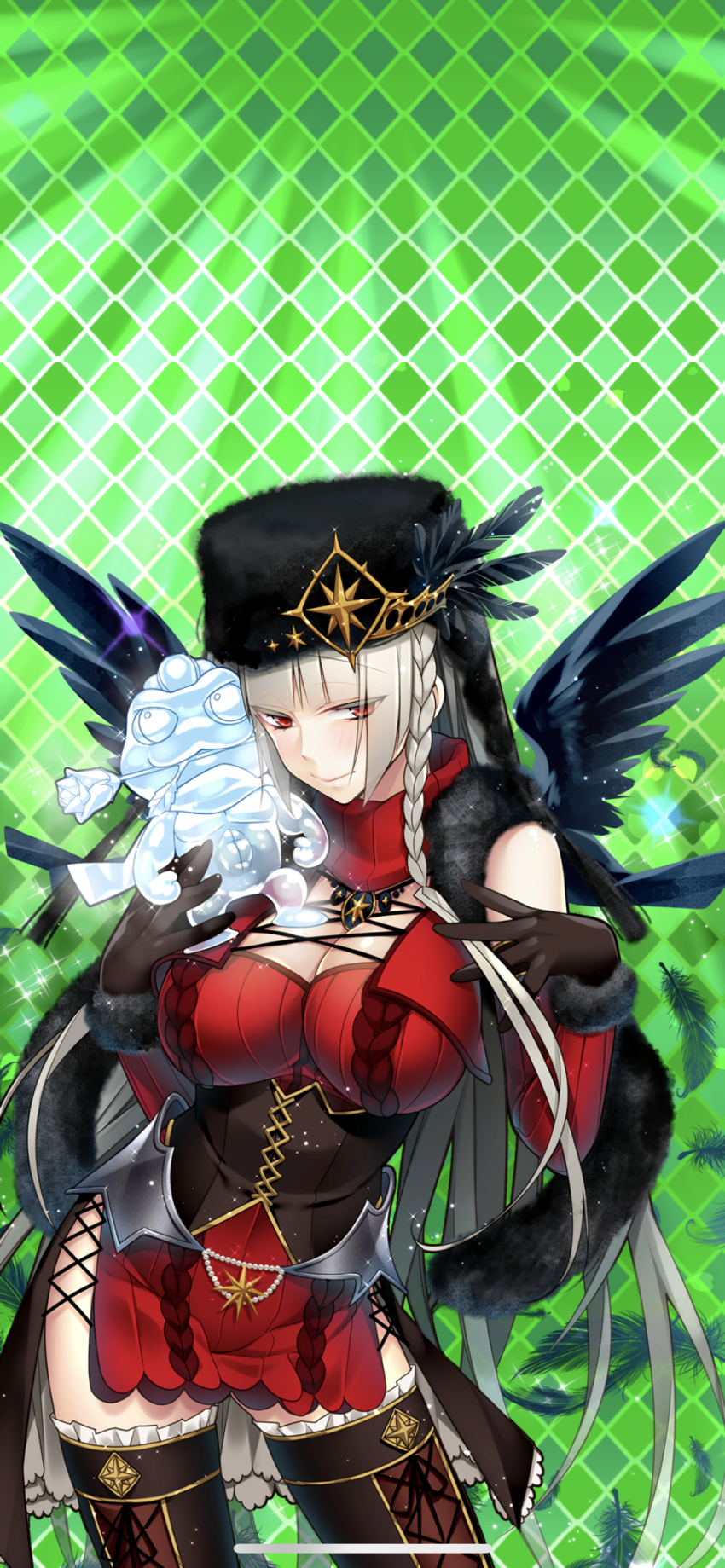 1girl absurdres bare_shoulders belt bird black_gloves blonde_hair boots braid breasts cleavage cleavage_cutout closed_mouth clothing_cutout corset cowboy_shot detached_sleeves dress elbow_gloves feathers flower frills fur_trim garter_straps giuniu gloves green_background grey_hair hat hat_feather highres holding holding_flower jewelry lace large_breasts long_hair looking_at_viewer miniskirt morigan_raven pointy_ears purple_eyes red_dress red_eyes red_skirt scarf short_dress skirt smile solo standing thigh_boots thighhighs thighs uchi_no_hime-sama_ga_ichiban_kawaii very_long_hair weapon white_hair wings zettai_ryouiki