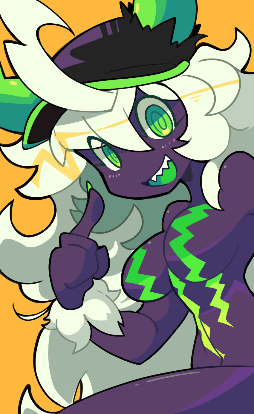 1girl @_@ absurdres bacun black_hat black_skin borrowed_character breasts colored_skin colored_tongue green_eyes green_nails green_tongue hat highres horns large_breasts long_hair looking_at_viewer messy_hair monster_energy-chan nail_polish navel original product_girl sharp_teeth solo teeth white_hair