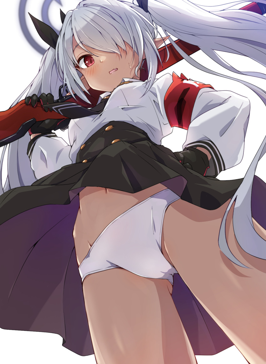 1girl armband black_gloves black_skirt blue_archive blush cameltoe commentary dark-skinned_female dark_skin fang from_below gloves grey_hair gun hair_over_one_eye halo hand_on_own_hip highres holding holding_gun holding_weapon iori_(blue_archive) mosuke1221 navel open_mouth panties pointy_ears purple_halo red_armband red_eyes shirt skirt solo sweatdrop twintails two-tone_gloves underwear weapon white_background white_panties white_shirt