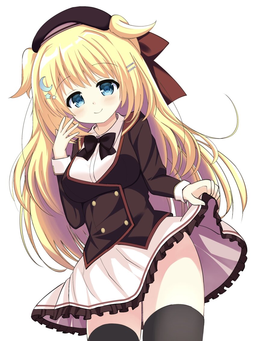1girl absurdres beret black_bow black_bowtie black_hat black_jacket black_thighhighs blonde_hair blue_eyes blush bow bowtie breasts buttons closed_mouth clothes_lift collared_shirt commentary_request crescent crescent_hair_ornament double-breasted dutch_angle frilled_skirt frills hair_ornament hair_ribbon hairclip hand_up hat hatsukoi_syndrome highres jacket large_breasts lifting_own_clothes long_hair long_sleeves looking_at_viewer lunalight_baker miniskirt naca_(chocolat_tiara) parallel_hairclips pleated_skirt red_ribbon ribbon school_uniform shirt simple_background skirt skirt_lift smile solo star_(symbol) star_hair_ornament tareme thighhighs two_side_up very_long_hair white_background white_shirt white_skirt zettai_ryouiki