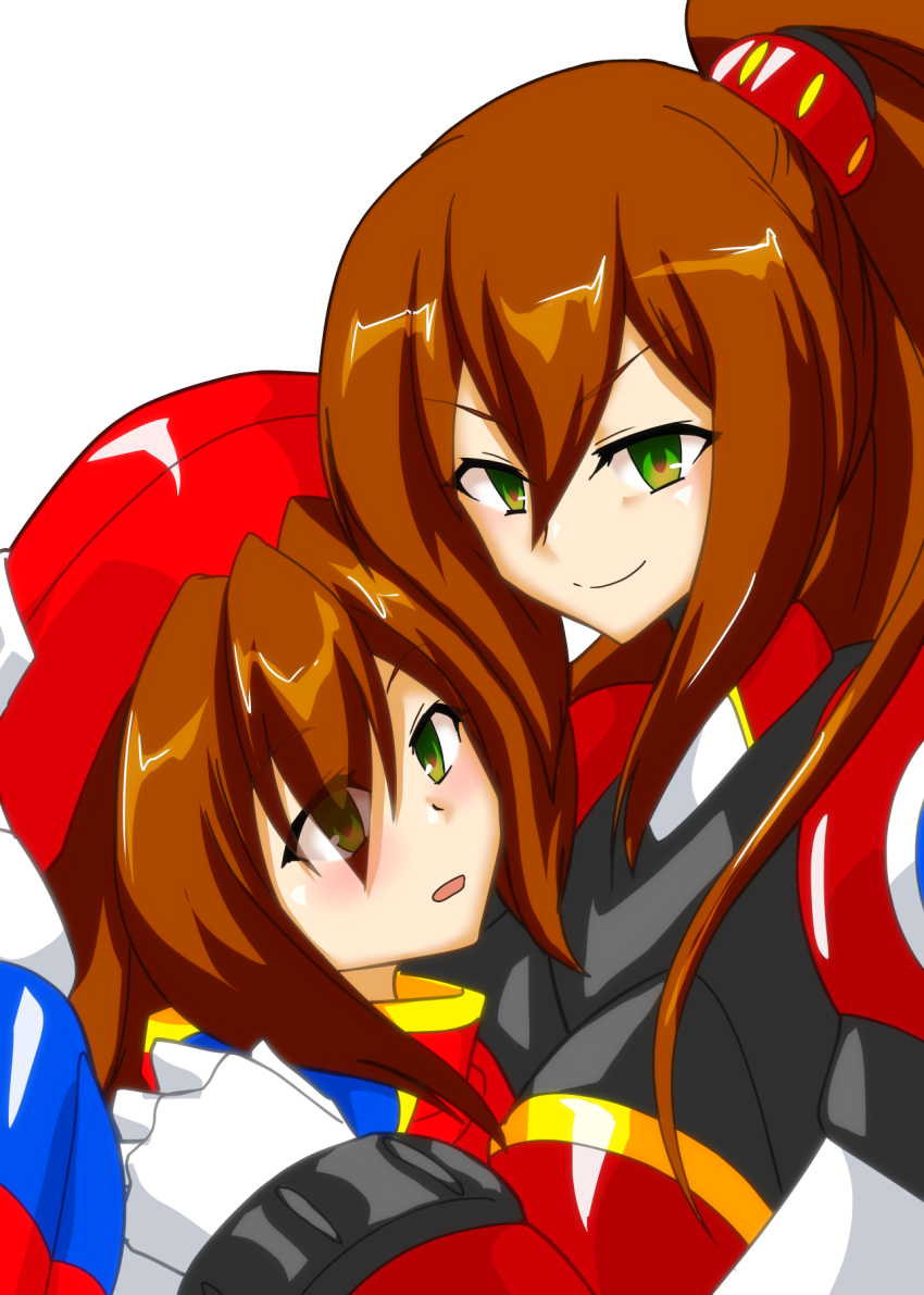 2girls android armor beret blush breasts brown_hair dress eyes_visible_through_hair gloves green_eyes hair_between_eyes hat helmet high_ponytail highres hug inemuri-george-guren-san iris_(mega_man) iris_another_(mega_man) joints large_breasts long_hair looking_at_viewer low-tied_long_hair medium_breasts mega_man_(series) mega_man_x_(series) mega_man_x_dive multicolored_dress multiple_girls open_mouth ponytail red_armor red_hat red_helmet robot_girl robot_joints shoulder_jewel simple_background smile turtleneck very_long_hair white_background white_gloves